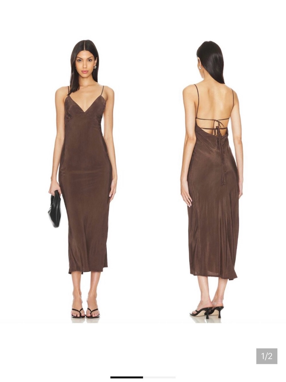 ALOHAS Chocolate Brown Satin Slip Midi Dress